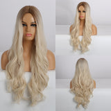 Long Water Wave Synthetic Wig For Women Ombre Brown Blonde Wig Natural Middle Part Cosplay Party Hair Heat Resistant Fiber