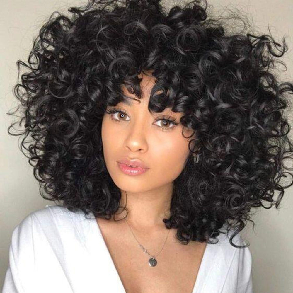 Xpoko Short Hair Black Kinky Curly Synthetic Wigs With Bangs For Black Women Afro Cosplay Party Wigs High Temperature Fiber