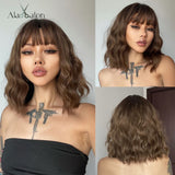 Xpoko Back to School Medium Water Wave Synthetic Wigs With Bangs Natural Dark Brown Bob Daily Hair Wigs For Women Heat Resistant Fiber