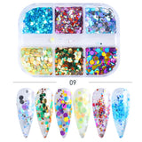 6Grids Black Nail Flakes Sequins Butterfly Hexagon Silk Line Winter Design Nail Art Decoration Paillette Manicure Tips GL1909-28