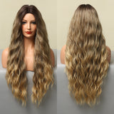 Xpoko Long Body Wave Omber Black Brown Blonde Golden Synthetic Wigs For Women Natural Middle Part Cosplay Heat Resistant Hair