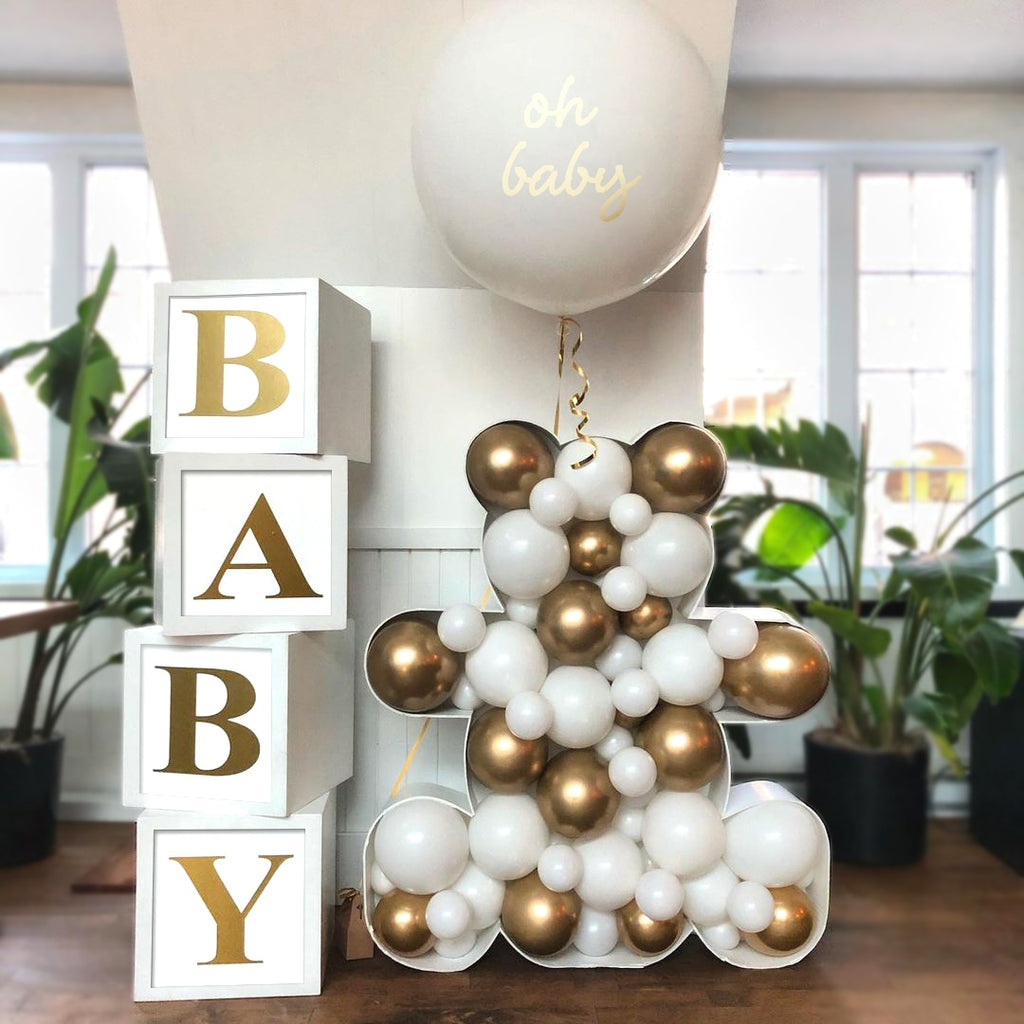 Xpoko White Gold Baby Shower Box Baby Balloon Boxes Baby Blocks For Boys Girls Baby Shower Decorations Gender Reveal Birthday Party