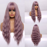 Long Wavy Synthetic Wigs with Bangs Ombre Dark Brown  Cosplay Hair Wigs for Women African American Heat Resistant Fibre