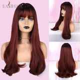 Xpoko EASIHAIR Long Straight Wine Red Synthetic Wigs With Bang For Women Heat Resistant Natural Hair For Daily Halloween Cosplay Party