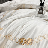 White Satin Cotton Bedding Set Luxury Royal Gold Embroidery Flat/Fitted Sheet Pillowcases Home Textiles Solid Color Bedclothes