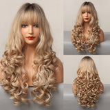 Long Water Wavy Synthetic Wigs with Bangs Ombre Dark Brown Cosplay Hair Wig for Women African Heat Resistant Fiber Wig