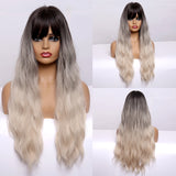 Long Wavy Synthetic Wigs with Bangs Ombre Dark Brown  Cosplay Hair Wigs for Women African American Heat Resistant Fibre