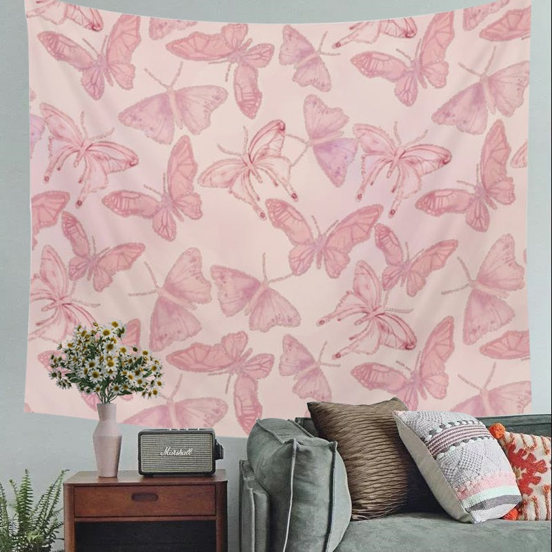 Pink Butterfly Tapestry INS Tapestry Pink Tenure Hippie Tapestry Indian Elephant Boho Decor Background Wall Cloth Tapestries