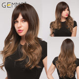 Long Water Wave Synthetic Wigs with Bangs Natural Black Dark Brown Cosplay Daily Heat Resistant Hair Wigs for Women Afro