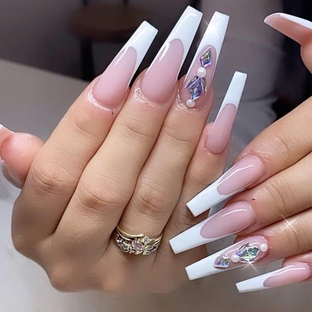 Xpoko 24Pcs Fake Nails Long Frosted V-Shaped French Wearable False Nails Detachable Full Cover With Designs Coffin Ballerina Nail