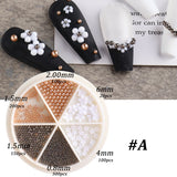 6 Grid/Wheel White Flower Pearl Nail Art Rhinestone Gems Decorations Mixed Mini Caviar Beads Jewelry Manicure Accessory GL1927