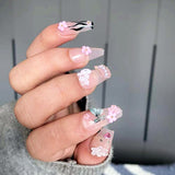 24Pcs Long Coffin Sweet Fake Nail Pink Flower with Gold Bead Nail Art New Full Cover False Nails Butterfly Decal Nail Tips