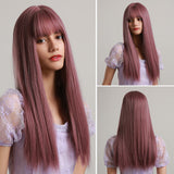 Long Straight Synthetic Wigs Ombre Brown Gray Wig with Bangs for Women Cosplay Lolita Daily Party Heat Resistant Fiber