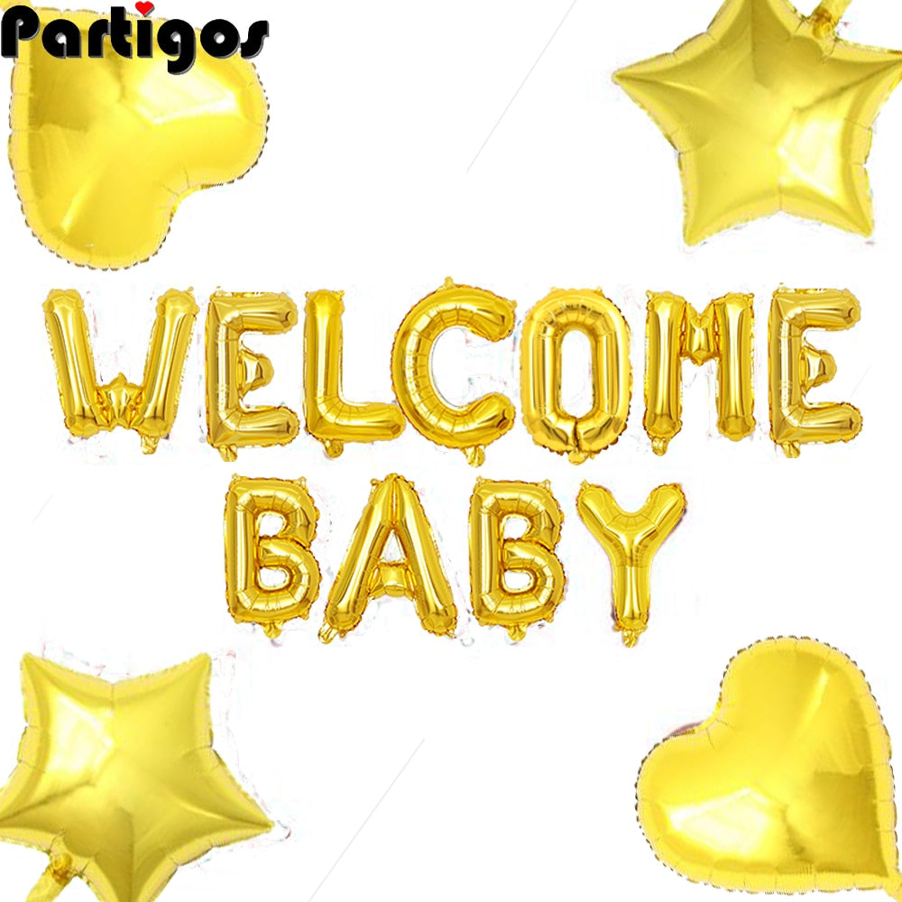 1set 16inch Welcome Baby Letter Balloons Banner Bunting With 18inch Star Heart Balloons Baby Shower Birthday Party Decorations