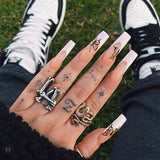 24pcs/Set Cloud Long Coffin Fake Nails Simple Heart Flame Rhinestone Pattern Acrylic False Nails Wave Manicure Full Nail Tips