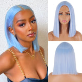 Xpoko Light Blue Wig Straight Hair Bob Cut Wig Middle Part Shoulder Length Fashion Bob Wigs For Women Cosplay Wig