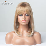 Xpoko EASIHAIR Shoulder Length Bobo Synthetic Wig With Bang Ombre Mixed Brown Blonde Wigs For Women Heat Resistant Hair Natural Soft