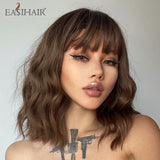 Xpoko EASIHAIR Long Bobo Brown Wigs With Bang Medium Length Curly Wavy Synthetic Wigs For Women Daily Party Heat Resistant Fiber Hairs