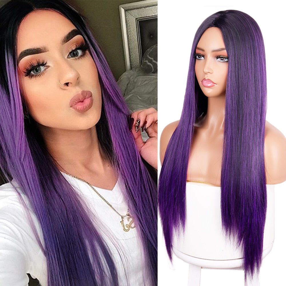 Xpoko Purple Synthetic Female Fair Wig Cosplay Long Smooth Wig Purple Daily Party Heat-Resistant Glue-Free