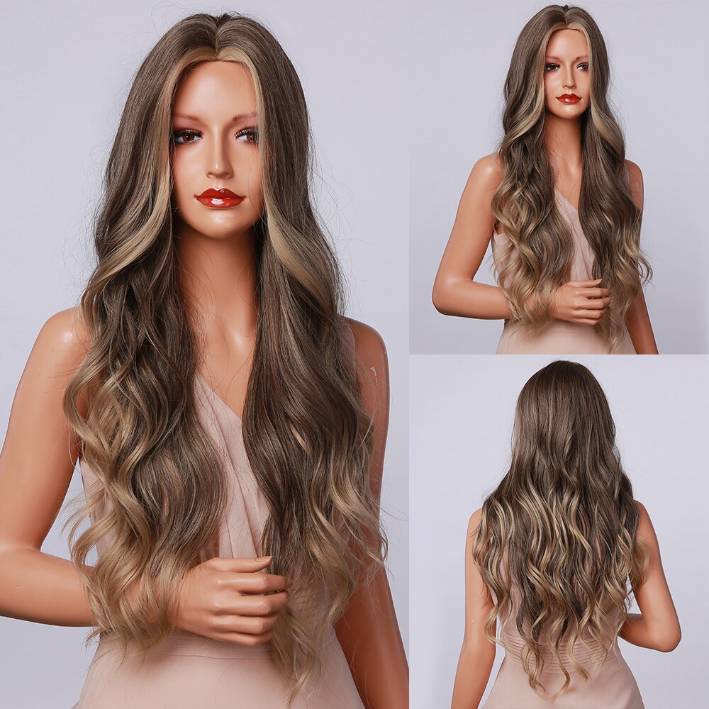 HENRY MARGU Long Brown Blonde Ombre Synthetic Wigs With Bangs Natural Wave Wigs for Women Heat Resistant Party Daily Cosplay Wig