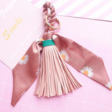 Back to School Leather Tassel Satin Silk Scarves Keychain Bowknot Scarf Pendant Car Purse Bag Keyring Holder Handbag Key Ring Chains Girls