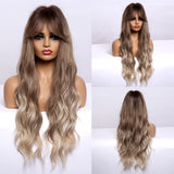 Long Water Wave Synthetic Wigs with Bangs Natural Black Dark Brown Cosplay Daily Heat Resistant Hair Wigs for Women Afro