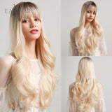 Xpoko EASIHAIR Ombre Gray Ash Wavy Wigs With Bang Light Blonde Platinum Synthetic Long Hair For Women Daily Party Heat Resistant Fiber