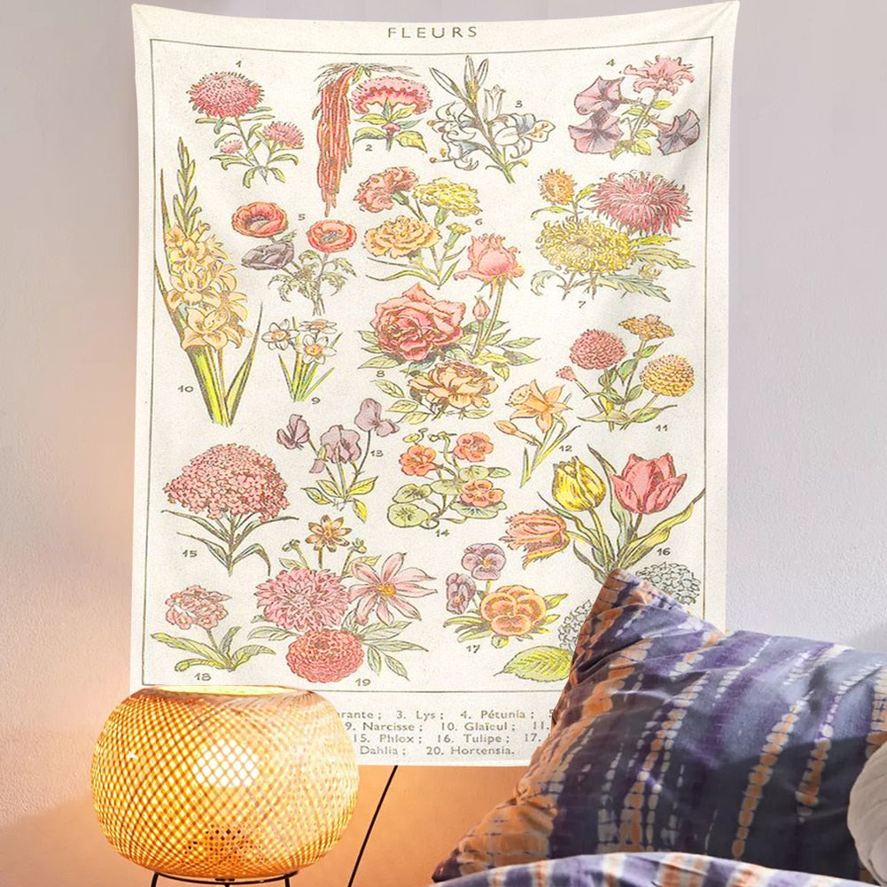 Botanical Illustration Wall Tapestry Haning Boho Floral Reference Chart Wall Decor Farmhose Decor Vintage Flower Wall Art
