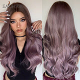 Xpoko EASIHAIR Ombre Brown Mixed Purple Blonde Long Synthetic Wave Wigs For Women Heat Resistant Colorful Fiber Cosplay Lolita Wigs