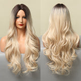 Xpoko Long Body Wave Omber Black Brown Blonde Golden Synthetic Wigs For Women Natural Middle Part Cosplay Heat Resistant Hair
