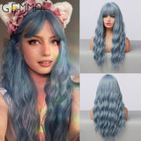 Long Water Wave Blue High Temperature Wigs for Black White Women Afro Cosplay Party Daily Synthetic Hair Wigs with Bangs