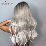 Xpoko EASIHAIR Ombre Gray Ash Wavy Wigs With Bang Light Blonde Platinum Synthetic Long Hair For Women Daily Party Heat Resistant Fiber