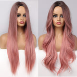 Back to School Long Wavy Synthetic Wigs Ombre Black Pink Wigs For Women Cosplay Natural Middle Part Hair Wig High Temperature Fiber