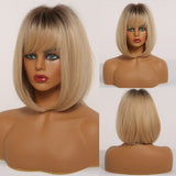 Short Straight Mixed Brown Blonde Synthetic Wigs with Side Bangs for Women Daily Party Bob Hair High Tempearture Fiber