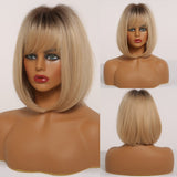 Short Bob Synthetic Wigs With Bangs Ombre Brown Blonde Wig For Women Afro Wigs Cosplay Party Daily Heat Resistant Fiber