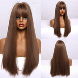 Ombre Brown Blonde Golden Synthetic Wig with Bangs Natural Long Straight Cosplay Wigs for Women High Temperature Fake Hair