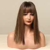 Medium Straight Bob Synthetic Wigs with Bangs Ombre Black Dark Brown Honey Highlight Wigs for Women Heat Resistant Hair