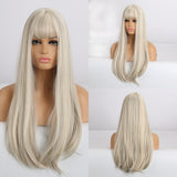 Long Straight Synthetic Wigs Ombre Brown Gray Wig with Bangs for Women Cosplay Lolita Daily Party Heat Resistant Fiber