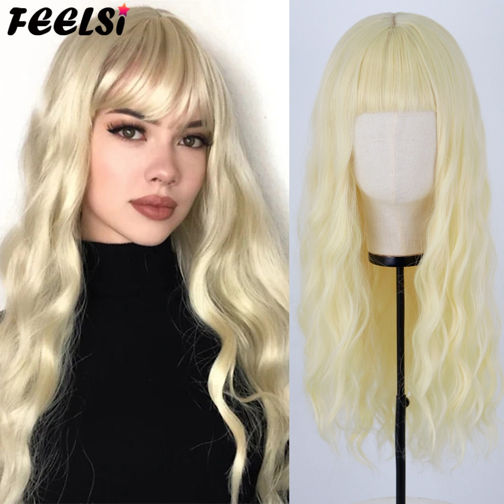 Back to School Brown Light Blonde Black Long Wavy Wig  Have Bangs Wave Heat Synthetic Fiber Natural Heat Resistance For Women Daily Wear