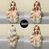 Long Wavy Ombre Blonde White Synthetic Wigs for Women Cosplay Daily Party Middle Part Hair Wigs High Temperature Fiber