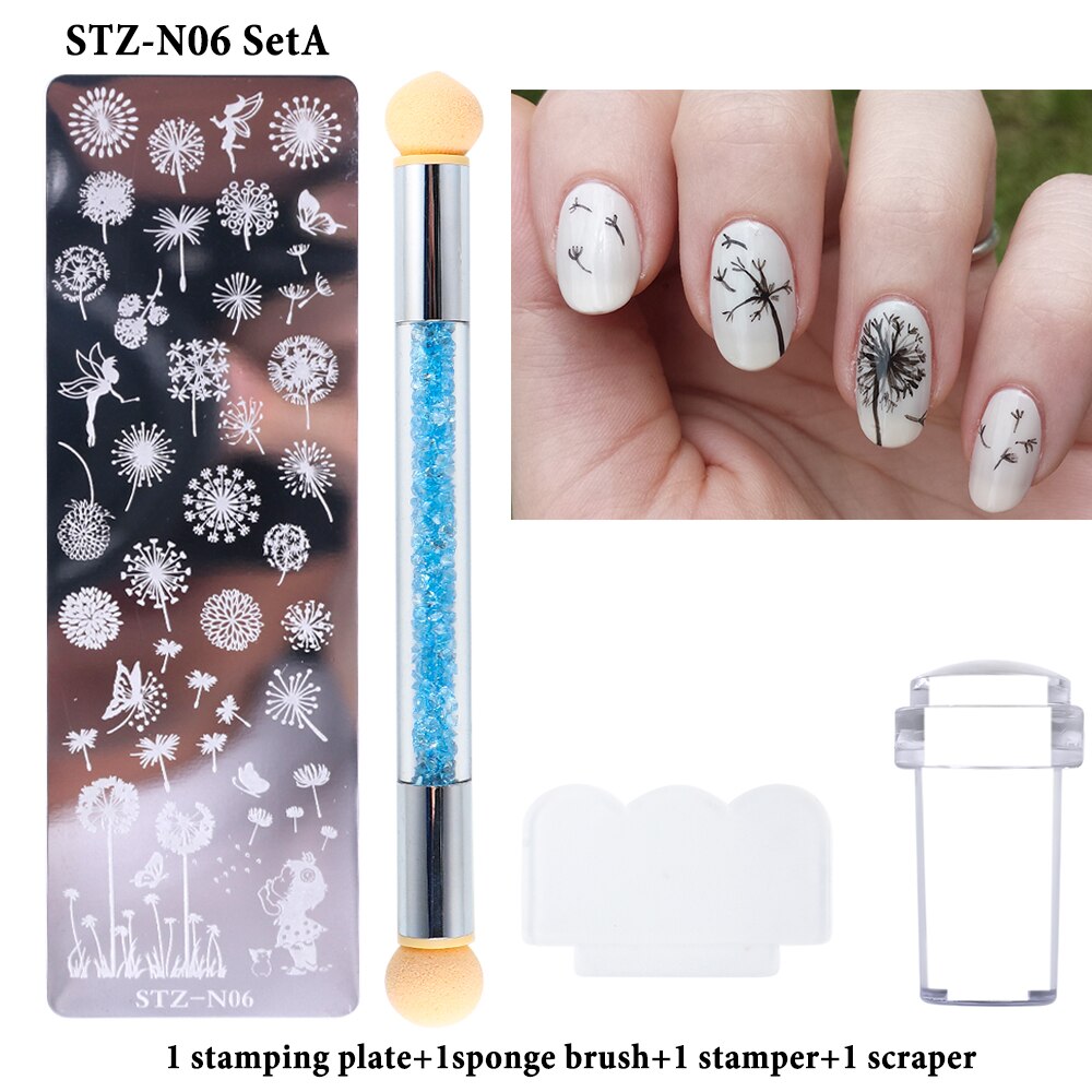 4pcs Nail Stamping Plates Kit Leaf Dandelion Spring Nail Stencil Silicone Stamper Sponge Brush Nail Art Design GLSTZN01-12-2