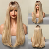 Ombre Brown Blonde Golden Synthetic Wig with Bangs Natural Long Straight Cosplay Wigs for Women High Temperature Fake Hair