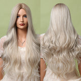 Long Wavy Ombre Blonde White Synthetic Wigs for Women Cosplay Daily Party Middle Part Hair Wigs High Temperature Fiber