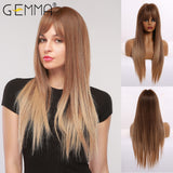 Long Straight Synthetic Wigs Ombre Brown Gray Wig with Bangs for Women Cosplay Lolita Daily Party Heat Resistant Fiber