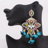 Xpoko Boho India Earrings For Women Flower Tassel Earrings Big Rhinestones Pendant Crystal Statement Earrings Fashion Jewelry Gifts