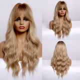 Long Wavy Synthetic Wigs with Bangs Ombre Dark Brown  Cosplay Hair Wigs for Women African American Heat Resistant Fibre