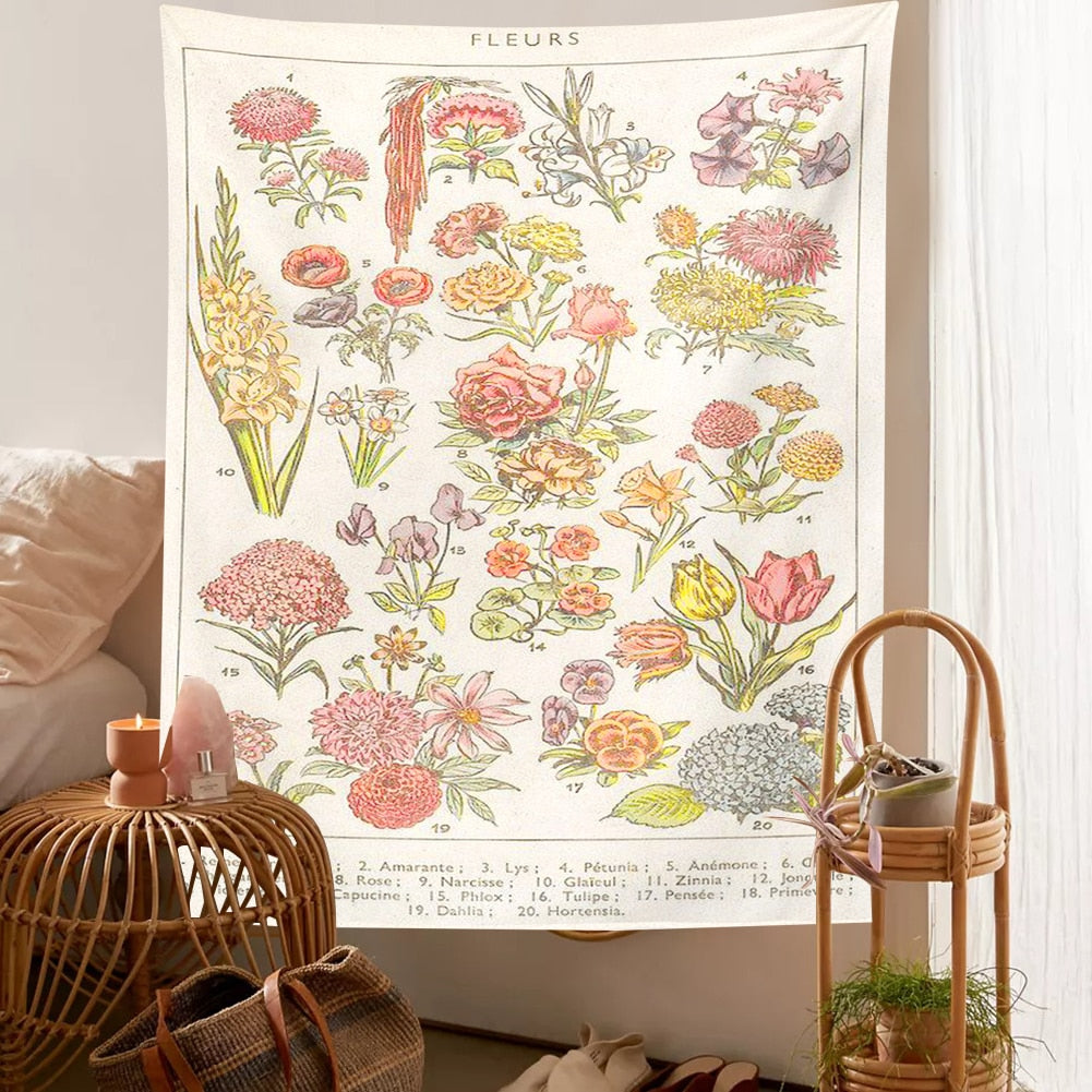 Botanical Illustration Wall Tapestry Haning Boho Floral Reference Chart Wall Decor Farmhose Decor Vintage Flower Wall Art
