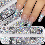 12 Grids Holographic Laser Nail Sequins Mixed Triangle Moon Star Heart Silver Glitter Flakes Paillette Tools Nail Art Decoration