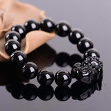 Xpoko Natural Obsidian Stone Beads Bracelet Men Women Chinese Feng Shui Pi Xiu Wristband Gold Color Wealth & Good Luck Pixiu Bracelets