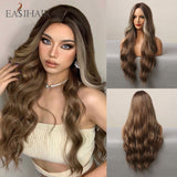 Xpoko EASIHAIR Ombre Brown Mixed Purple Blonde Long Synthetic Wave Wigs For Women Heat Resistant Colorful Fiber Cosplay Lolita Wigs